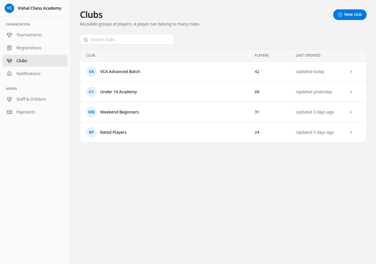 ChessManager clubs page with reusable player groups