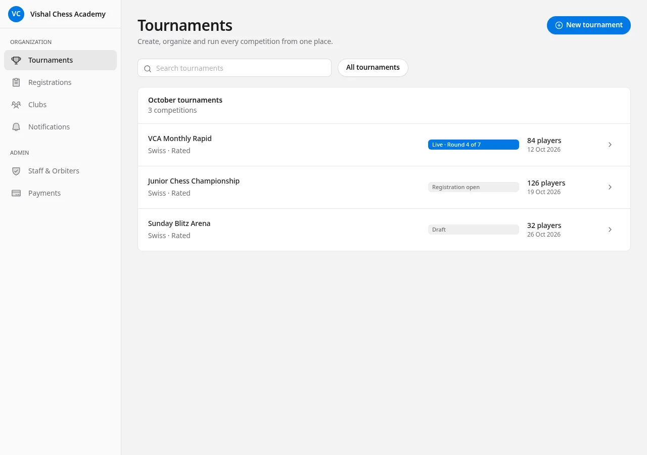 ChessManager tournaments workspace showing three competitions
